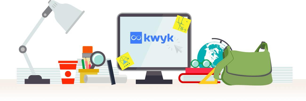 Dessin d'un bureau avec un ordinateur ouvert sur Kwyk.